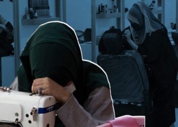 A collage shows Afghan women working in beauty salons alongside a woman sitting sadly beside a sewing machine (Photo: AFP)