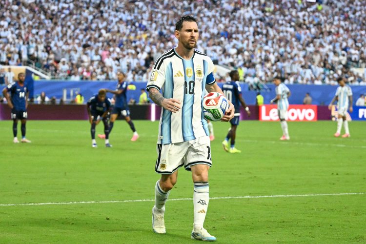 Argentina's forward #10 Lionel Messi gestures during the 2026 World Cup round of 32 football match between Argentina and Cape Verde at the Miami Stadium in Miami Gardens on July 3, 2026. (Photo by CHANDAN KHANNA / AFP)